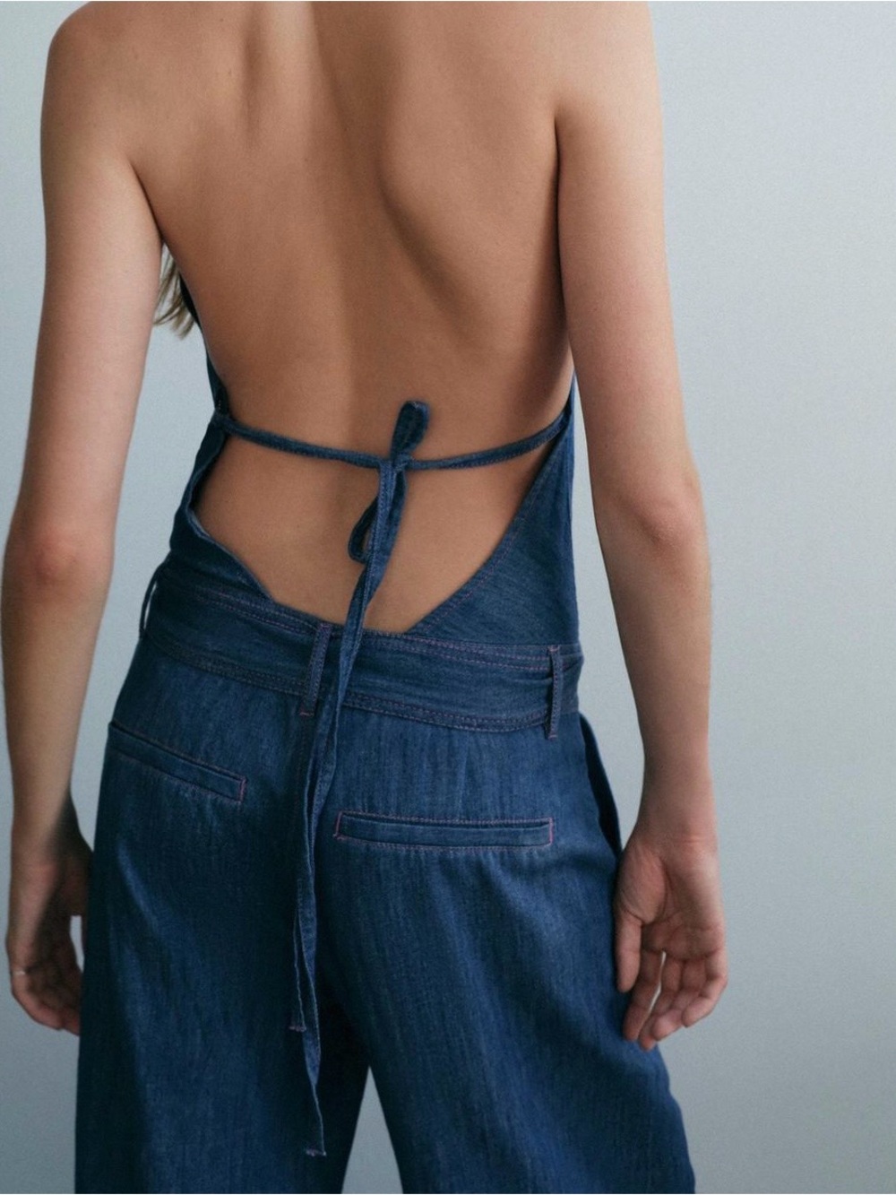 Zara Dark Blue Back-Tie Denim Jumpsuit